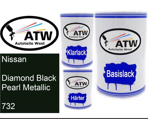 Nissan, Diamond Black Pearl Metallic, 732: 500ml Lackdose + 500ml Klarlack + 250ml Härter - Set, von ATW Autoteile West.